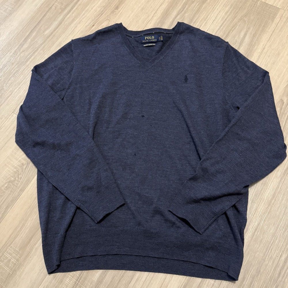 Polo Ralph Lauren sweater Mens XL Washable Merino Wool V Neck Blue knit pullover